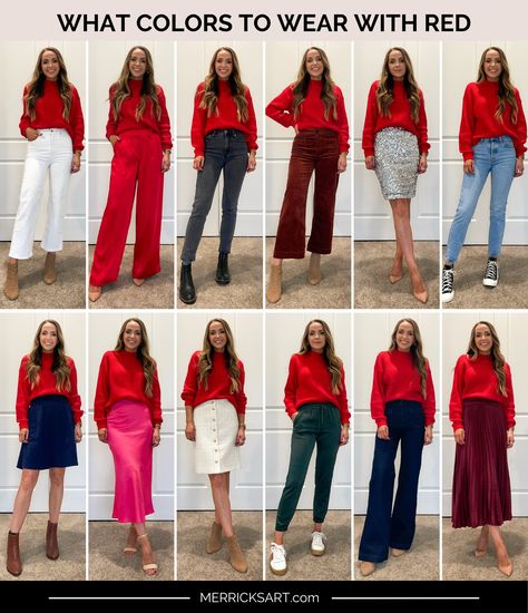 What Colors and Prints To Wear With Red - Merrick's Art Top And Bottom Color Combination, Red Color Outfits For Women, Styling A Red Shirt, Red 2024 Fashion, Color Combo With Red, Styling Red Top, What To Wear With A Red Top, Red Top Outfits For Women, Red Top Work Outfit