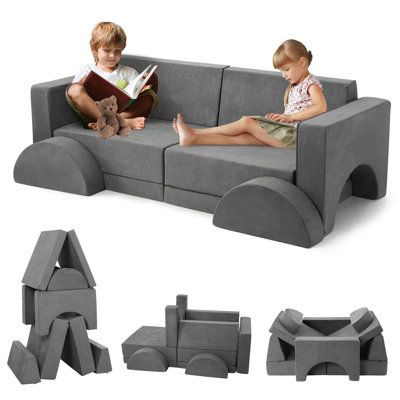 VERSATILE 8-PIECE SET: This children's sofa set (60.2“25.6”20.9”) includes 2 basic seat cushion parts, 2 armrest parts, 2 trapezoidal pillows, and 2 semicircle seat cushion parts, offering endless combinations. Apart from being a sofa, your child can unleash their imagination and easily transform it into a playroom, rocket ship, fort, tunnel, bed, 2 chairs, and more. PROMOTES CHILDREN'S WELL-BEING: The modular furniture is crafted with soft and comfortable sponge foam blocks and flannel, utilizi Ninja Room, House Playroom, Nugget Ideas, Toddler Couch, Play Sofa, Fold Out Couch, Round Seat Cushions, Kids Couch, Play Couch