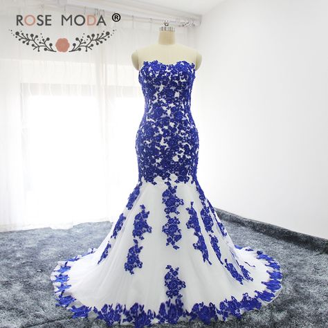 Luxury Royal Blue Wedding Dress, White And Royal Blue Wedding Dress, White With Royal Blue Wedding Dress, White And Royal Blue Wedding Dress Gowns, Royal Blue Silk Wedding Dress, White And Blue Wedding Dress, Blue And White Wedding Dress, Silver Wedding Dress, Strapless Wedding Dress Mermaid