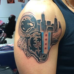 Chicago Tattoo | InkDoneRight There are numerous forms of Chicago Tattoos such as the great skyline, their awesome sports teams (Bulls, Blackhawks, Bears, White Sox and the Cubs), or... Chicago Cubs Tattoo, Chicago Flag Tattoo, Chicago Bears Tattoo, Chicago Skyline Tattoo, Chicago Bulls Tattoo, Skyline Tattoo, Cubs Tattoo, Sport Tattoos, Chicago Tattoo