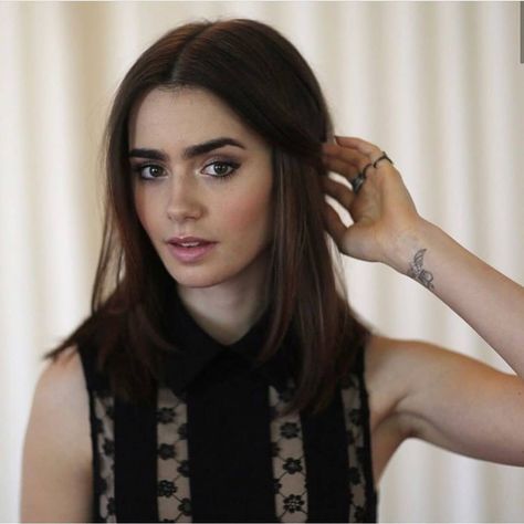 I didn't know  she has a tattoo🤗 But I like it😋  #lily #lilycollins #lilyjane #lilyjanecollins  #black #tattoo #wrist #wristtattoo Lily Collins Makeup, Lily Jane Collins, Brown Hair Blue Eyes, Fancy Hair, Personal Color, Rose Lily, Business Outfits Women, To The Bone, Girls Rules