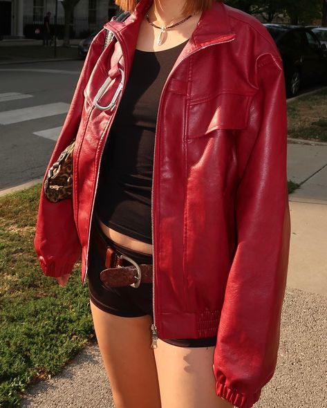 red jacket, bold attitude 🚨 @aelfricedenofficial #streetgirl #fallinspo #fallfashion #fallvibes #falloutfits #pinterestoutfit #chicoutfit #aesthetics #fashionstyle red leather jacket, black mini shorts, short hair, cowboy boots, leopard print, leopard handbag, fall jacket, fall boots, fall outfit ideas, cheetah print bag, vintage belt, thrift finds Black Mini Shorts, Cheetah Print Bag, Boots Fall Outfit, Boots Leopard, Leopard Handbag, Dream Fashion, Leopard Jacket, Fall Boots, Thrift Finds