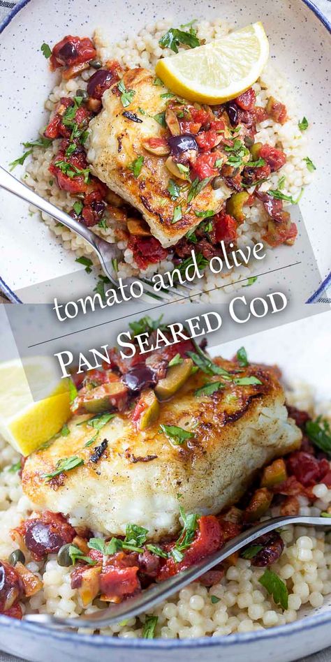 Cod With Tomatoes, Pan Seared Cod, Seared Cod, Cod Fish Recipes, Fish Dinner Recipes, Cod Recipes, Fish Recipes Healthy, Cod Fish, Fish Dinner