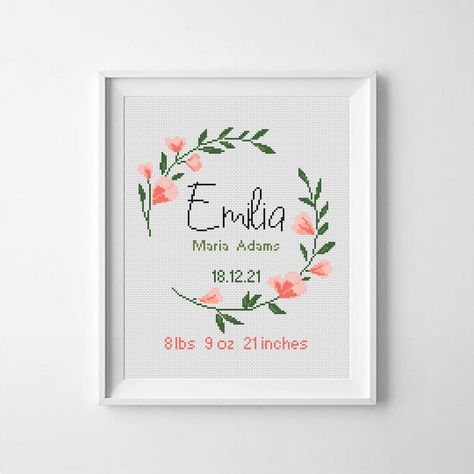 Birth Announcement Modern Cross Stitch Pattern, Baby, Personalized, Flowers Girl Nursery Decor, Counted, Chart, Gift DIY Digital Format - Etsy Australia Birth Cross Stitch, Birth Announcement Cross, Nursery Cross Stitch, Baby Cross Stitch Patterns, Wedding Cross Stitch, Girl Nursery Decor, Baby Cross, Cross Stitch Pictures, Cross Stitch Baby