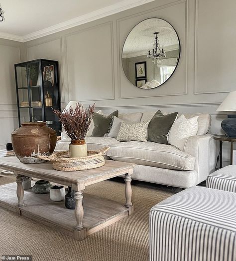 The couple refreshed the walls with coats of neutral-toned paint, which they paired with similar-toned carpets Lounge Room Styling, Living Room Panelling, Country Style Living Room, Cottage Living Rooms, Cosy Living Room, Living Room Design Inspiration, Country Living Room, Neutral Living Room, Decor Home Living Room