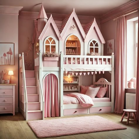 Loft Bed Castle, Princess Bedroom Ideas Toddler, Princess Bed With Slide, Girls Room Bunk Beds, Toddler Princess Room, Castle Bedroom Kids, Princess Bunk Beds, Princess Room Ideas, Bunk Beds For Girls Room