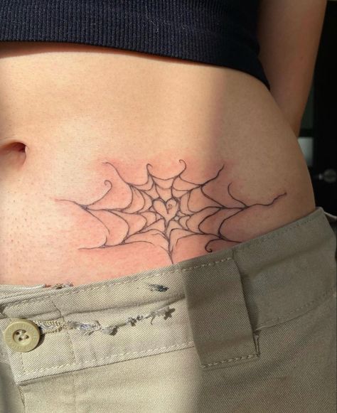 Spider Web Star Tattoo, Spider Web Tattoo Design Ideas, Spider Web Tattoo Belly Button, Spider On A Web Tattoo, Alt Heart Tattoo, Unique Spider Web Tattoo, Heart Tattoo Grunge, Spider Web Tattoo Stomach, Aesthetic Spider Tattoo