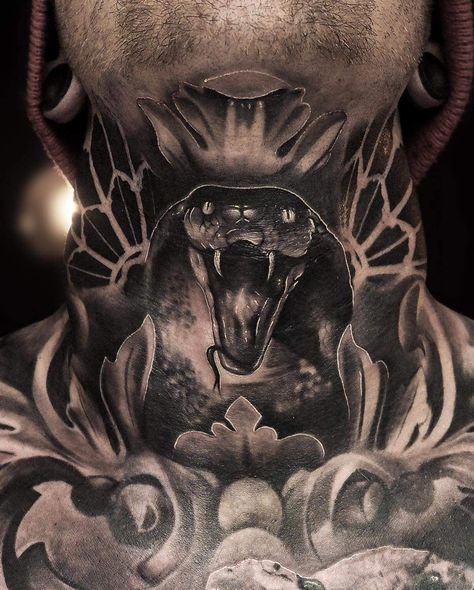 Cobra Neck Tattoo, Mens Emo Tattoos, Full Throat Tattoo Men, Dark Neck Tattoo, Throat Tattoo For Guys, Throat Tattoo Men, Back Of Neck Tattoo Men, Trible Tattoos, Front Neck Tattoo