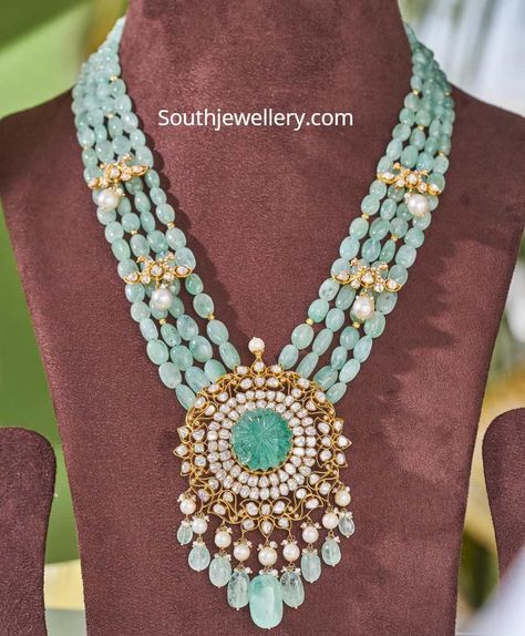 Emerald beads haram with polki pendant photo Uncut Necklace, Pearls Mala, Moti Necklace, Beads Haram, Polki Pendant, Eyes Necklace, Latest Indian Jewellery, 22 Carat Gold Jewellery, Antique Necklaces Design