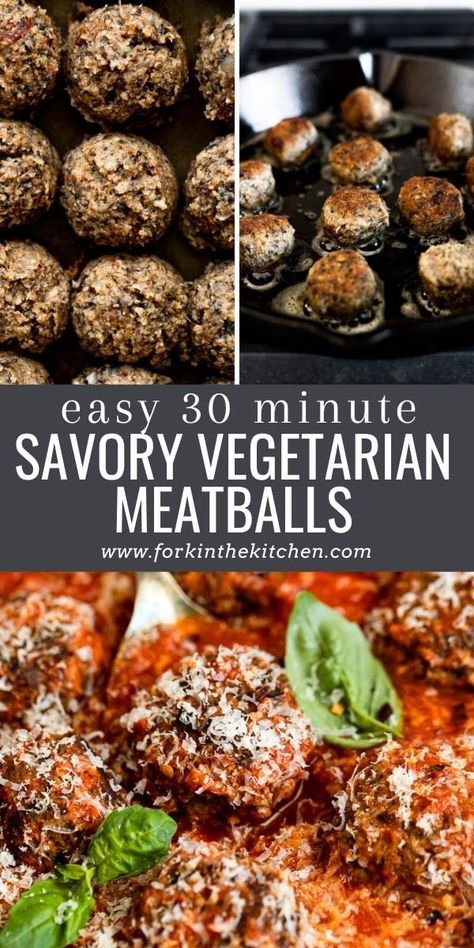 These vegetarian meatballs are so easy to make and ready in 30 minutes for a quick dinner the whole family will love! Their base of chickpeas, mushrooms, and sun-dried tomatoes means a whole lotta texture and umami flavor. Even the meat-eaters in your life will love them. Serve them as an appetizer for a party or a quick weeknight dinner over spaghetti or in a sub sandwich. Vegetarian Meatballs Recipe, Vegetarian Burgers, Meatless Dinners, Traditional Thanksgiving Recipes, Vegetarian Meatballs, Meatless Meatballs, Sub Sandwich, Dinner Vegetarian, Meat Meals