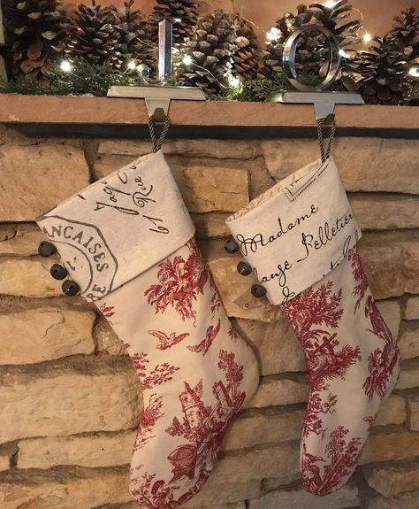 Red and Cream Toile Christmas Stockings Vegan Stockings | Etsy Old Timey Christmas Decorations, Stockings Christmas Aesthetic, Traditional Christmas Stocking, Timeless Christmas Decor, Toile Decor, Toile Christmas, Green Holiday Decor, Vintage Inspired Christmas Decor, Vintage Style Christmas