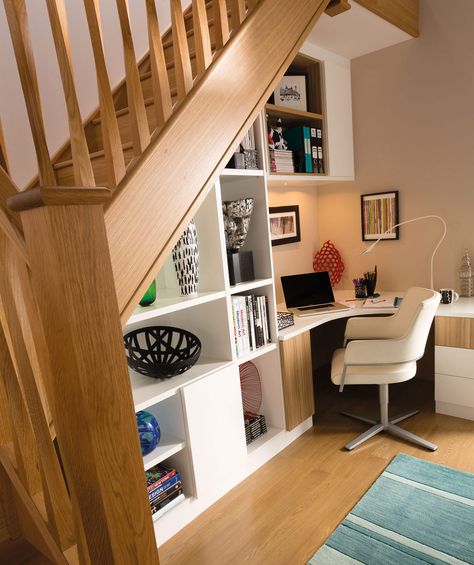 Desk Under Stairs, Office Under Stairs, Neville Johnson, Stair Nook, Study Decor, Under The Stairs, Stairs Architecture, Study Furniture, Understairs Storage