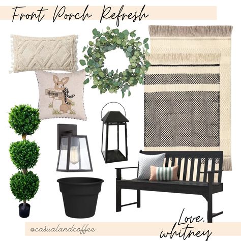 Front Porch Patio Ideas, Front Porch Bench Ideas, Front Porch Bench Decor, Easter Front Porch Decorations, Spring Porch Ideas, Front Porch Refresh, Rug Bench, Spring Front Porch Decor, Porch Refresh