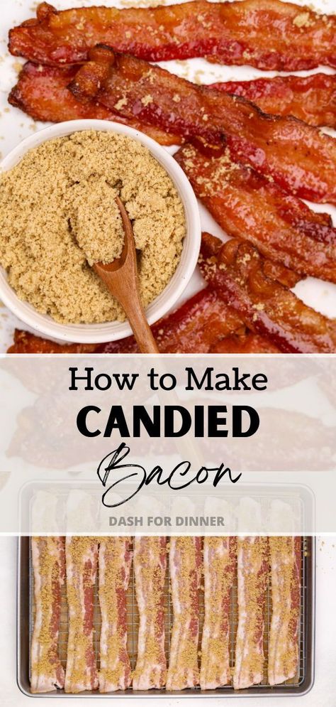 This easy Candied Bacon recipe is the perfect combination of salty and sweet, and is just as good for snacking as it is for layering on juicy burgers and sandwiches. Best of all? It's made with just 3 simple ingredients and ready in just 20 minutes! Candied Bacon In Oven, Baked Candied Bacon, Candid Bacon Recipes, Pig Candy Bacon, Easy Candied Bacon, Bacon Party Food, Dunkin Snacking Bacon Recipe, Easy Snacks 3 Ingredients, Candied Bacon Recipe Easy