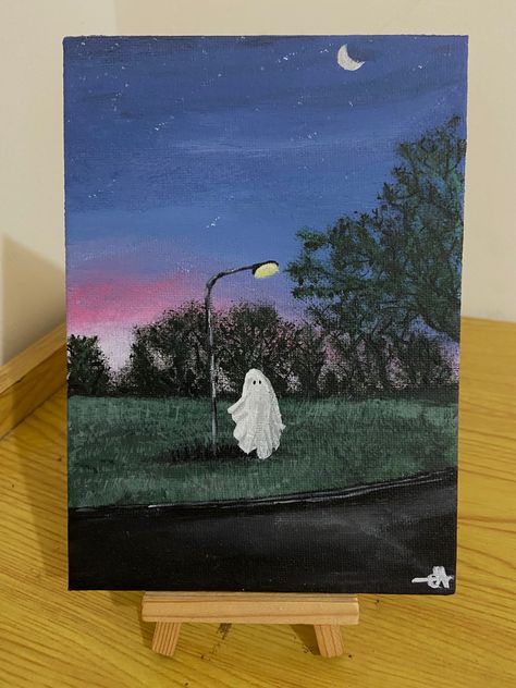 Ghost In Field Painting, Ghost Under Street Light Painting, Mini Canvas Ghost Painting, Two Ghost Painting, Simple Ghost Painting, Diy Ghost Painting, Street Painting Acrylic, Spooky Acrylic Painting, Ghost Acrylic Painting