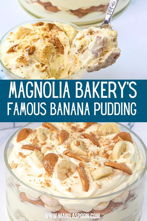 For my family, this is hands-down the most delicious Banana Pudding! Best of all, this Magnolia Bakery's famous banana pudding is super easy to make and can als0 be made ahead! Just mix then layer the pudding with vanilla wafer cookies and bananas and you have one fantastic-tasting dessert that everyone will rave about! Magnolia Bakery Banana Pudding Recipe, Heaven Dessert, Banana Bread Pudding Recipe, Dessert Potluck, Cold Desert, Magnolia Bakery Banana Pudding, Banana Pudding Desserts, Banana Bread Pudding, Banana Pudding Recipe