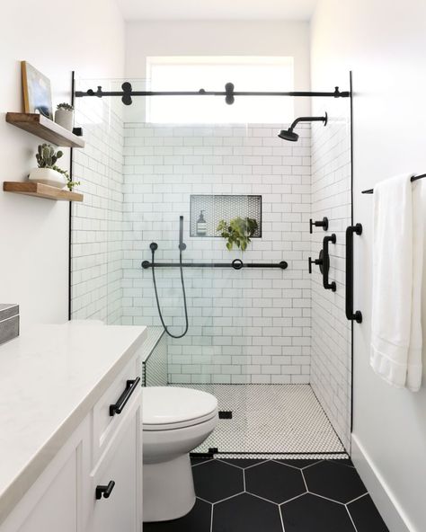 Diy Bathroom Vanity Ideas, Bathroom With Subway Tile, Bathroom Conversion, Grey Modern Farmhouse, Bathroom Vanity Ideas, Subway Tile Showers, Grey Accent Wall, Bathroom Remodel On A Budget, Relaxing Bathroom