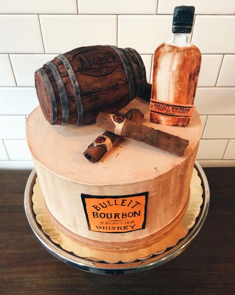 Bourbon and cigar themed groom's cake by Nutmeg Cake Design, Philadelphia, PA Bourbon And Cigars Cake, Cigars Birthday Cake, Whiskey Barrel Grooms Cake, Bourbon Theme Birthday Cake, Whiskey Grooms Cake, Grooms Cake Whiskey, Bourbon Cake Ideas, Speakeasy Cake Ideas, Woodford Reserve Cake