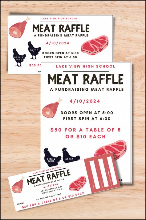 meat raffle ideas Meat Raffle Ideas, Raffle Ideas Fundraiser, Raffle Basket, Fundraiser Flyer, Raffle Baskets, Money Holders, Raffle Tickets, Communication Design, A Table