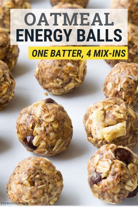 Healthy Oatmeal Energy Balls that I love! This easy no-bake recipe is high in protein. One batter with mix-ins: chocolate chips, banana, apple cinnamon and coconut. Enjoy this clean eating breakfast, and it's great for kids too. Recipe on www.theworktop.com. || #energyballs #healthyrecipe Oatmeal Energy Balls Recipe, Healthy Cookie Dough Recipe, Oatmeal Energy Balls, Energy Balls Healthy, Healthy Cookie Dough, Healthy Protein Snacks, Energy Ball Recipe, Eating Breakfast, Clean Eating Breakfast