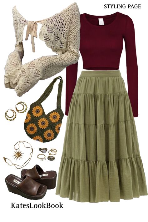 Brown Pants Summer Outfit, How To Style A Tunic Top, Earthy Outfits Pants, Long Brown Skirt Outfit Ideas, Brown And Orange Outfit, Long Brown Skirt Outfit, Earthy Winter Outfits, Brown Skirt Outfits, Plus Size Earthy Outfits