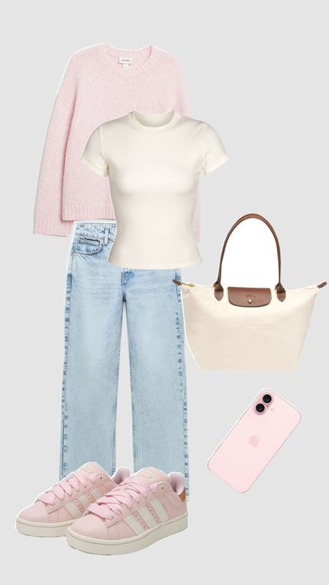 #pink #zaradrip #basicgirl #ootd Pink Campus 00s Outfit, Pink Bag Outfit Ideas, Pink Shoes Outfit Ideas, Pink Sneaker Outfits Women, Light Pink Outfit Ideas, Pink Bags Outfit, Pink Sneakers Outfit, Pink Shoes Outfit, Cute Church Outfits