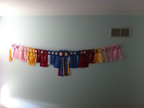 A cute way to hang ribbons! I fish line with two screws. Horse Ribbons Display Ideas, Horse Ribbon Display, Show Ribbon Display, Ribbon Boards, Horse Ribbons, Country Western Decor, Horse Show Ribbons, Barn Hacks, Ribbon Display