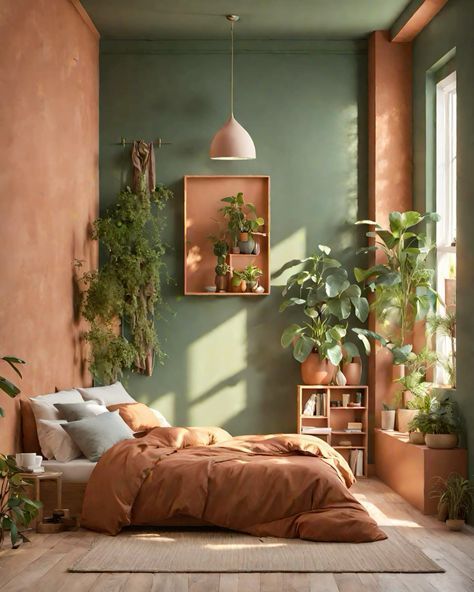 Orange Black And Green Bedroom, Green Walls Orange Curtains, Orange And Green Interior Design, Green And Orange Bedroom Aesthetic, Sage And Orange Bedroom, Orange And Green Bedding, Sage Green And Orange Bedroom, Burnt Orange And Green Bedroom, Warm Green Bedroom