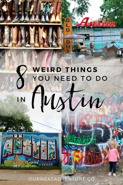 "Keep Austin Weird" by exploring these 8 awesomely weird things to do in Austin, Texas. #austin #texas #atx #keepaustinweird #unitedstates #familytravel #travelwithkids // Family Travel | Travel with Kids | Vacation Ideas | US Travel | Austin Weekend Trip | Best Cities in Texas | Austin Street Art | South Congress | Alternatives Things to Do in Austin | Best Cities in US for Families | Best Things to Do in Austin | Where to Eat in Austin | Family-Friendly Itinerary Road Trip Texas, Keep Austin Weird, To Do In Austin Texas, Austin Texas Travel, Texas Road Trip, Austin Travel, Art Alternative, Things To Do In Austin, Texas Adventure