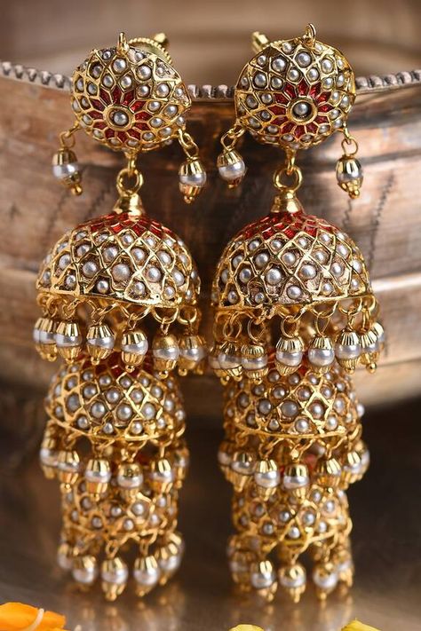 Gold plated jhumka earrings with red and green jadau and pearls embellishments. - Aza Fashions Red Jhumka, Diwali Jewellery, Gold Jhumka, Gold Jhumka Earrings, Gold Jewellry, Bridal Fashion Jewelry, Jewelry Accessories Ideas, Jewellery Earrings, Accessories Ideas