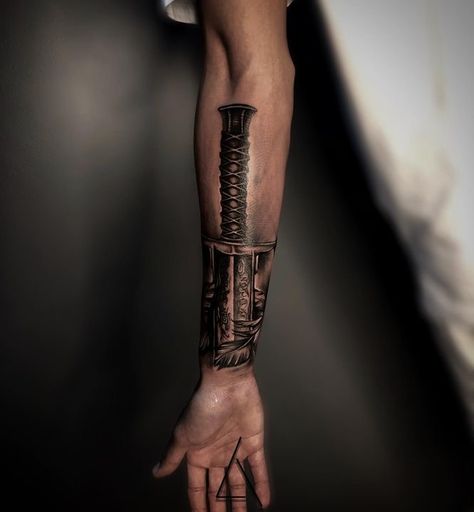 Knife Tattoo Ideas For Men, Tattoo Swords Men, Tatoo Crown, Excalibur Tattoo, Negative Tattoo, Bullet Tattoo, Armour Tattoo, Fighter Tattoo, Lower Arm Tattoos