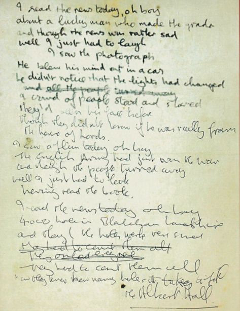 Original handwritten lyrics of ‘A Day In The Life’ by John Lennon Across The Universe Lyrics, John Lennon Lyrics, Handwritten Lyrics, Beatles Lyrics, Life Lyrics, Across The Universe, Lonely Heart, Day In The Life, John Lennon