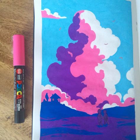 Landscape. I wanted to experiment with some landscapes but here I'm really starting to struggle with the limited range of colours I have in posca pens, and you can't really blend. . . . . . #landscape #clouds #sky #horizon #sunset #sunrise #children #bookillustration #posca #poscapens #sketchbook #illustrationoftheday #illustration #drawingoftheday #drawing #pink #purple #skyline #painting #art #artist Posca Pens, Posca Marker, Landscape Sky, Posca Art, Gouache Art, Arte Sketchbook, Landscape Drawings, Art And Illustration, Art Landscape