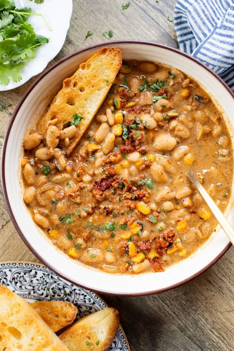 Creamy White Beans & Soy Chorizo Chorizo Bean Soup, Soy Chorizo Recipes, Kosher Rules, Legume Recipes, Creamy White Beans, Chorizo Recipe, Vegan Bean, Soy Chorizo, Vegan Stuffed Peppers