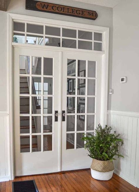 interior french doors - Google Search French Doors In Hallway, French Doors Interior Farmhouse, French Door With Transom, Downstairs Hallway, French Doors With Transom, Installing French Doors, Diy Interior Doors, Pintu Interior, Antique French Doors