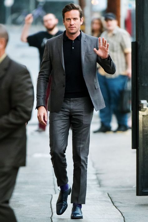 The Suited-Up Style Move You Should Steal From Armie Hammer Black Suit With Tshirt Men, Armie Hammer And Henry Cavill, Brad Pitt Suit Style, Armie Hammer Instagram, Armie Hammer Man From Uncle, Smart Casual Menswear, Polo Shirt Outfits, Polo Outfit, Jacket Outfit Women