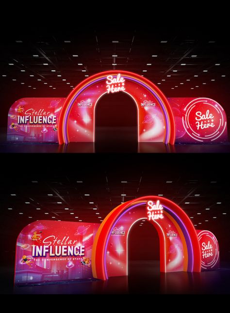 booth event organize perspective backdrop shoecase product Red Booth Design, Event Entrance Arch Design, Event Entrance Arch, Entrance Arch, Event Booth Design, Event Entrance, Gate Ideas, Event Booth, Church Stage Design