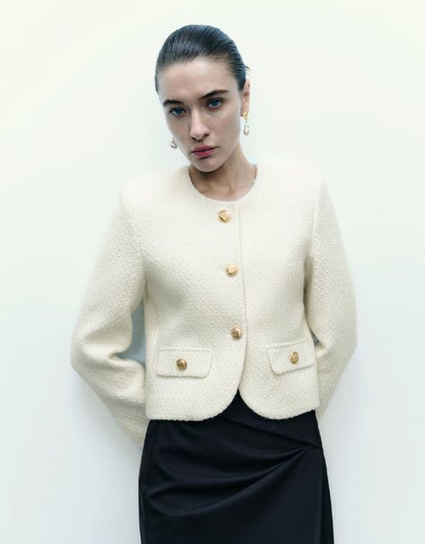 TWEED JACKETS Chanel Tweed Jacket Outfit, White Tweed Blazer Outfit, White Tweed Jacket Outfit, White Jacket Outfit, Tweed Jacket Outfit, Knitted Skirts, White Tweed Jacket, Chanel Style Jacket, Chanel Tweed Jacket