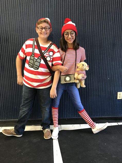 Where’s Waldo and Wenda Where's Waldo Costume, Literary Costumes, Waldo Costume, Book Character Day, Wheres Waldo, Costume Tutorial, Diy Halloween Costume, Dress Up Day, Family Costumes