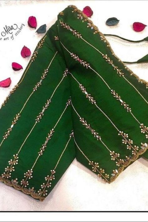 https://myfashioncorners.blogspot.com/ Green Blouse Handwork Designs, Sulam Manik, Magam Work, Blouse Works, Latest Bridal Blouse Designs, Blouse Ideas, Aari Designs, Latest Blouse Designs Pattern, Embroidery Leaf