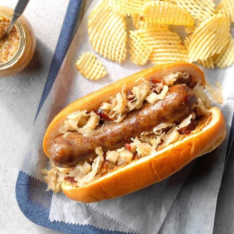 Brats with Sauerkraut Brats With Sauerkraut, Brats And Sauerkraut, Brats Recipe, Brats Recipes, Sausage Sauerkraut, German Dishes, Bratwurst Sausage, Oktoberfest Food, Sauerkraut Recipes