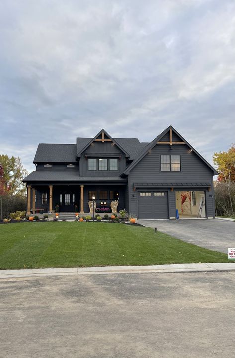 Black 2 Story House, Two Story Black House, Gray House With Brown Roof, Black And Grey Brick House, Dark Gray Siding With Black Trim, Black And Brown Exterior House, Black Two Story House, Dark Gray House Black Trim, Dark Gray Farmhouse Exterior