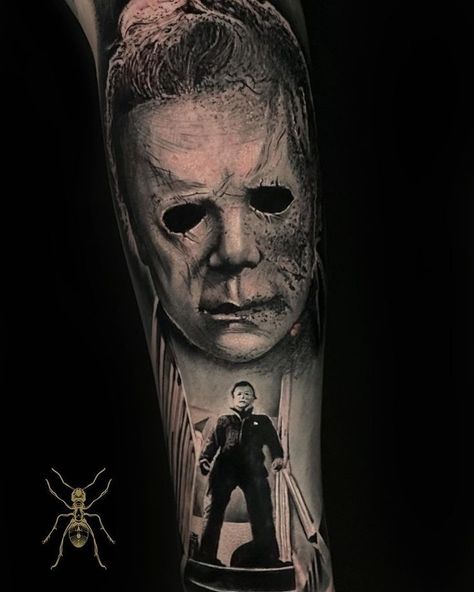 Tattoo work done with EN02B Tattoo Needle from Spain on Instagram: @manumorillotattoo @stigma_tattoo_supply Michael Myers Leg Tattoo, Unique Horror Tattoos, Michael Myers Tattoo Design, Michael Myers Tattoo Ideas, Terrifier Tattoo, Micheal Myers Tattoo, Horror Tattoo Designs, Top Forearm Tattoos, Michael Myers Tattoo