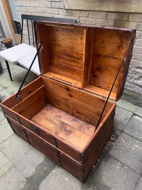 Restoring a vintage steamer trunk - One CrafDIY Girl Restore Trunk Chest, Antique Steamer Trunk Restoration, Old Trunk Ideas Repurposed, Old Trunk Redo, Vintage Trunks Makeover, Steamer Trunk Makeover, Trunk Redo, Antique Trunk Restoration, Trunk Restoration