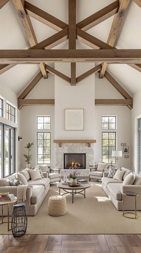 Barnhouse Decor Ideas Modern California Home Interiors, Nordic Farmhouse Style, Rustic Wood Beams, Nordic Farmhouse, Exposed Wood Beams, Exposed Beams Ceiling, Beams Living Room, Minimalist Farmhouse, Glam Lighting