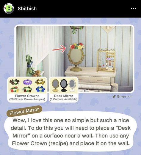 LAURA aka YEWON♡︎ on Twitter: "Omg you can put flower crowns on the mirror… " Acnh Mirror Design Code, Acnh Lily Of The Valley, Acnh Flower Custom Designs, Room Decor Animal Crossing, Animal Crossing Mirror Design, Motif Acnl, Animal Crossing 3ds, Ac New Leaf, Animal Crossing Guide