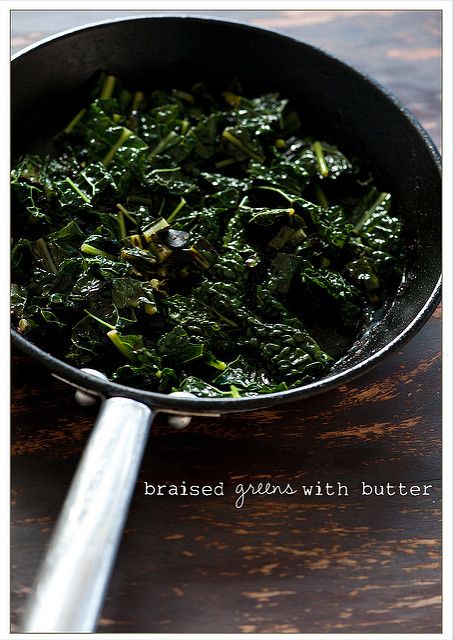 Braised Greens with Butter - garlic clove, greens (she used cavalo nero), butter, sherry vinegar Braised Recipes, Braised Vegetables, Luscious Recipes, Conscious Eating, Braised Greens, Radish Greens, Dish Ideas, Stone Soup, Healthy Comfort