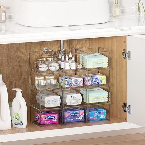 Girls Bathroom Organization, Kitchen Cabinets Pantry, Acrylic Bathroom, Acrylic Drawers, Plastic Storage Bins, Organization And Storage, Organize Drawers, Stackable Storage, Bath Storage