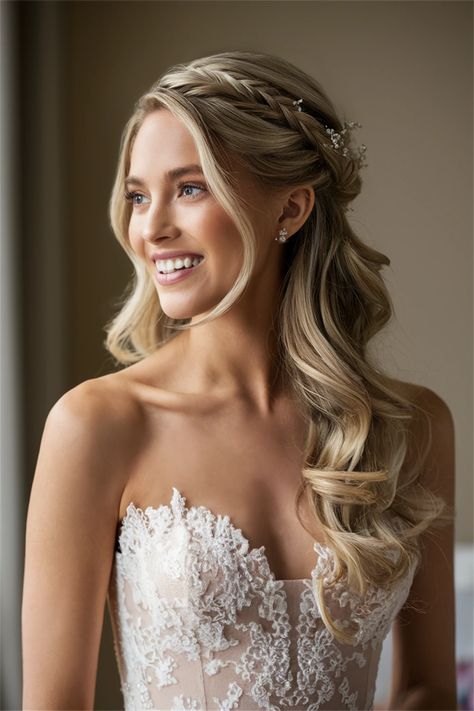 Embrace timeless elegance with this stunning half up half down hair hairstyle, ideal for the modern bride. This beautiful look combines soft waves with delicate twists, allowing your natural beauty to shine while keeping hair out of your face. Perfect for showcasing your veil or bridal accessories, this style exudes romance and grace. Capture magical moments on your special day with this enchanting hairdo! Wedding Headpiece Half Up Half Down, Bridal Hairstyles From Front View, Bridal Hair Half Down With Veil, Side Swept Hair With Veil, Bridal Waves Half Up Half Down, Wedding Half Up With Veil, Half Up Half Down Wedding Hair Face Framing, Wedding Hairstyles With Headband Half Up, Bridal Hair Vine With Veil