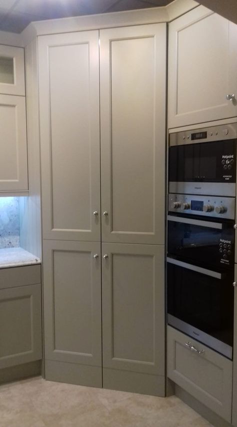 Built In Corner Pantry Cabinet, Corner Pantry With Fridge Next To It, Full Length Kitchen Cabinets Corner, Floor To Ceiling Corner Kitchen Cabinets, Corner Floor To Ceiling Cabinet, Corner Pantry With Appliance Counter, Corner Wall Ovens Ideas Layout, Ikea Corner Pantry, Corner Pantry Next To Fridge